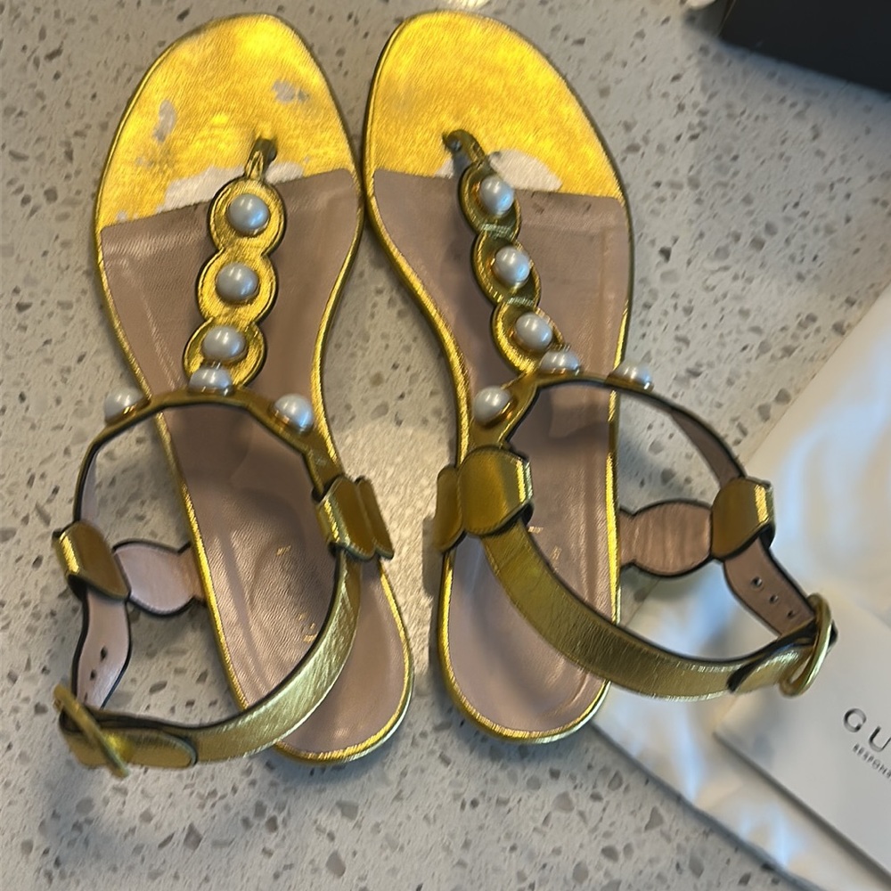 Gucci sandal faux Pearl leather/silk t strap with box and dustbags 38.5 - Picture 12 of 12